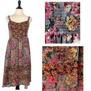 MUDD Mixed Floral Print Sheer Smocked DRESS M Babydoll Empire Sun Y2K Boho Girly